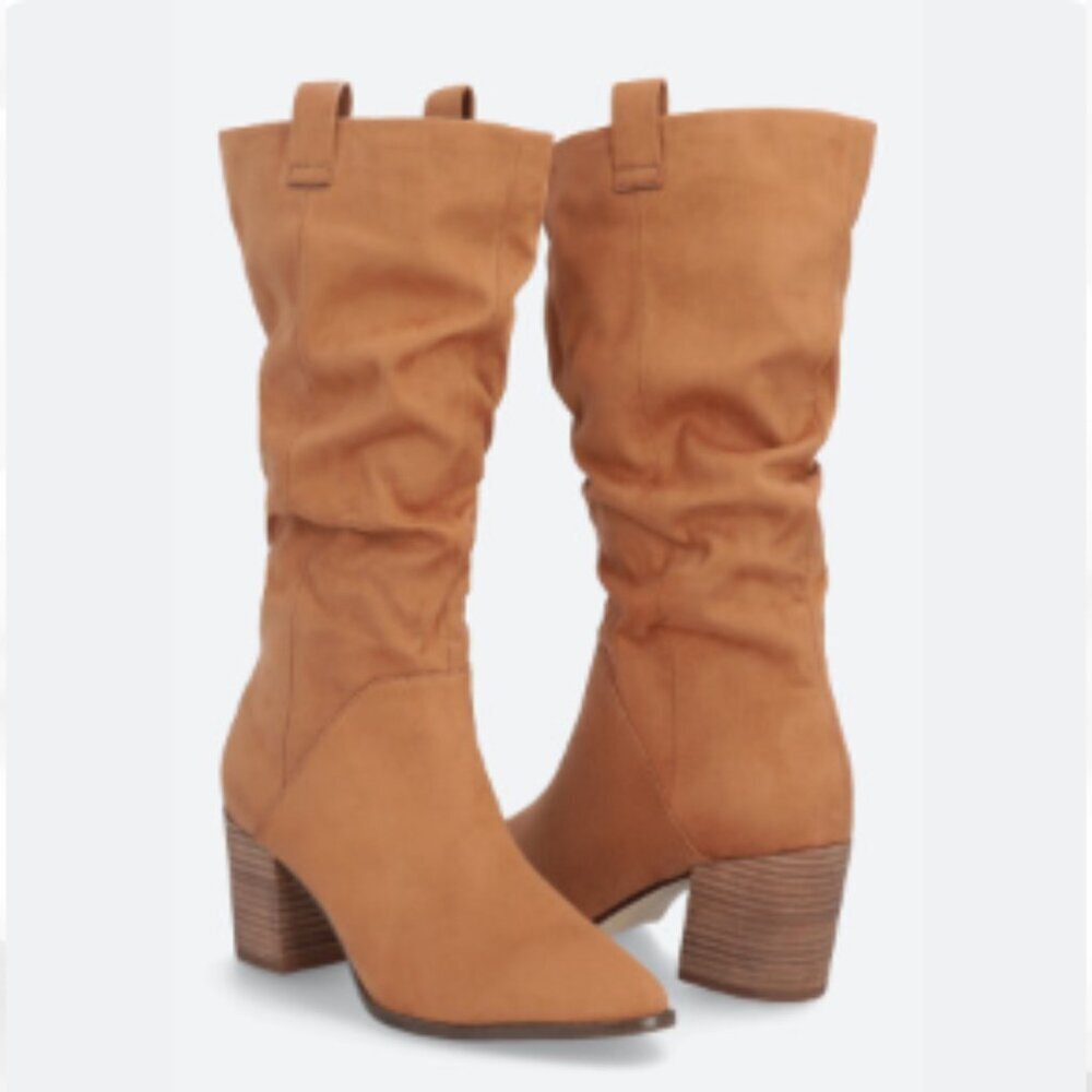 Report Tariq Tall Shaft Faux Suede Bootie Tan Block Heel Slip On/Pull Tab Size 9 - Picture 2 of 16